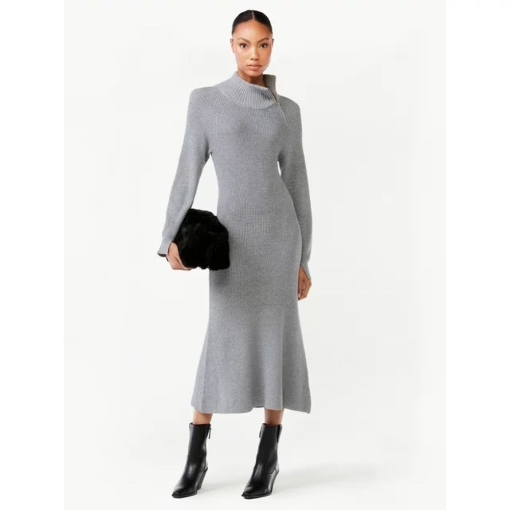 NEW Scoop Women's Ribbed Sweater Dress Zip Turtleneck M Gray - Picture 1 of 14